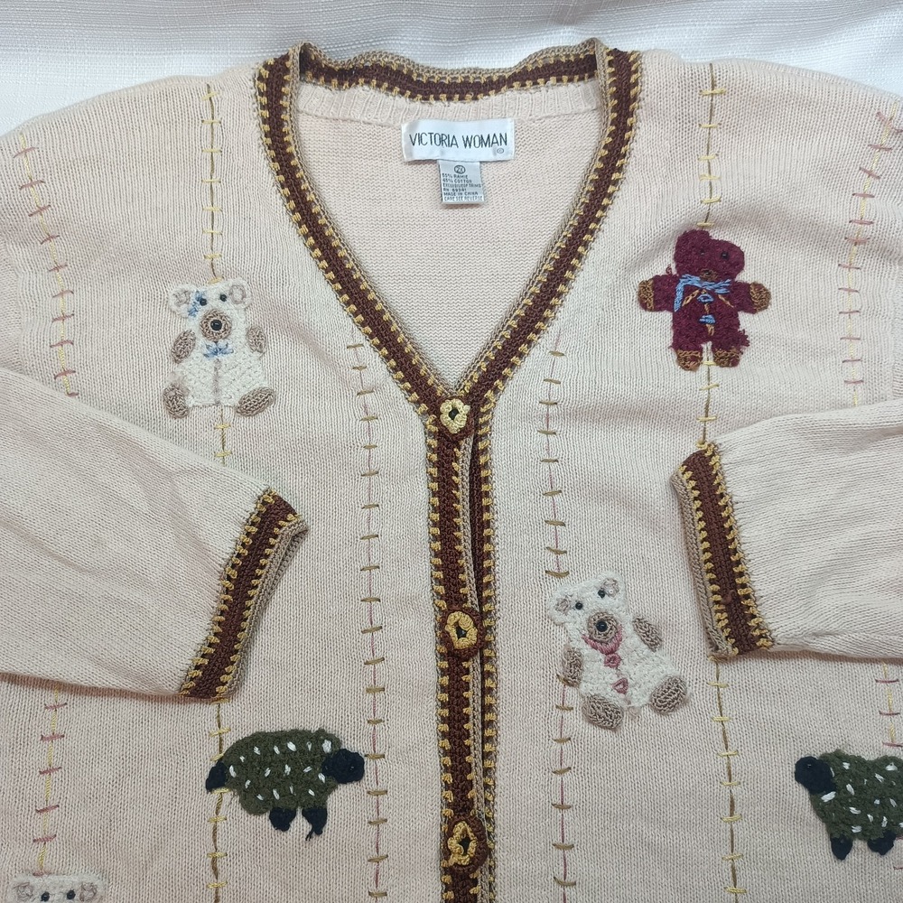 Vtg Victoria Woman Multicolorโ Bear Embroidered Button Cardigan Women's 2X